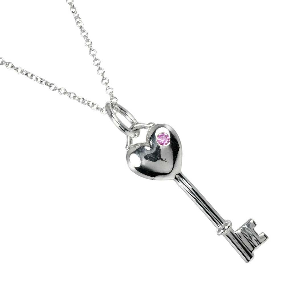 Tiffany Co Heart Key Necklace Sterling Silver Pink Sapphire